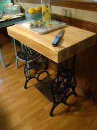 Butcher Block Top Added To Sewing Machine Base Makes A Perfect Little Kitchen Island Old Sewing Machine Table Singer Sewing Machine Table Sewing Table