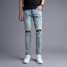 2018 High Street Fashion Men S Jeans Light Blue Color Elastic Ripped Jeans Knee Frayed Hole Ripped Jeans Men Best Casual Wear For Men Mens High Street Fashion