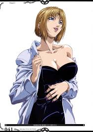 yoshiten, kitami reika, bible black, highres, non-web source, scan, 00s,  1girl, blonde hair, blue eyes, breasts, cleavage, dress, earrings, female  focus, jewelry, lab coat, lipstick, makeup, nail polish, off shoulder,  purple nails,