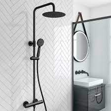Vellamo Twist Matt Black Shower Package With Bar Valve Adjustable Riser Rail Black Shower Shower Kits Shower Fittings