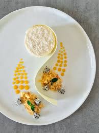 Coconut Mousse With White Chocolate Mango Coulis My French Chef Coconut Mousse Food Food Plating