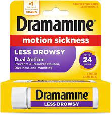 Amazon.com: Dramamine All Day Less Drowsy Motion Sickness Relief Tablets |  8 Tables per Vial | 25 MG Each | 2-Pack : Health & Household