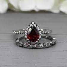 Art Deco Black Rhodium Pear Shape Garnet Engagement Ring Set Simulated Diamond Te Garnet Engagement Ring Black Rhodium Engagement Ring Art Deco Engagement Ring