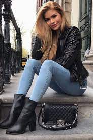 Black Ankle Boots Casual Outfit With Skinny Jeans And Black Leather Jacket Fashion Trend Black Leather Jacket Outfits Trending Fashion Outfits
