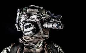 Special forces night vision goggles. Modern Army Special Forces Soldier Anti Terrorist Squad Fighter Elite Commando Warrior Wearing Mask Using Four Lenses Night Vision Goggles In Low Light Conditions Studio Shoot On Black Background Backgrounds