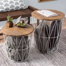 Nesting End Tables With Storage Set Of 2 Convertible Round Metal Basket Veneer Wood Top Accent Side Tables For Home And Office By Lavish Home White Walmart Nesting End Tables