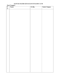 Cara paling umum untuk mengabsen siswa adalah dengan memanggil nama mereka satu persatu, atau menanyakan langsung kepada kelas siapa yang tidak hadir di hari ini. Daftar Hadir Kegiatan English Club