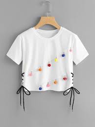 adorewe romwe romwe eyelet lace up side pompom detail tee adorewe com trendy fashion tops girls fashion clothes stylish dress designs