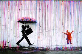 Banksy Graffiti Art Print Umbrella Rainbow Rain Man Rainbow Rain Modern Canvas Painting Wall Street Art