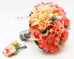 In the world of wedding flowers, coral has been coming on strong for several years now. Coral Peach Bridal Bouquet Dahlias Roses Hydrangea Peach Salmon Coral Songs From The Garden