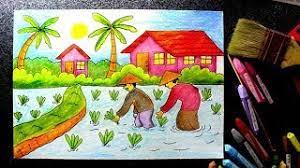 Kumpulan gambar sketsa pemandangan alam yang mudah di gambar dengan hitam putih yang dapat anda warnai dengan crayon, diantara lukisan itu adalah pemandangan air terjun, desa, pantai, sawah. Cara Menggambar Petani Menanam Padi Di Sawah Youtube