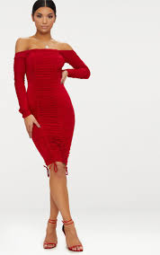 Red Bardot Ruched Slinky Midi Dress Dresses Ruched Dress Fashion