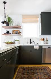 Dark Green Cabinets Marble Counters And Floating Wood Shelves Modern Kitchen Renovation Kitchen Interior Kitchen Design