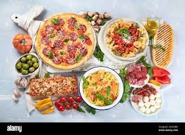 Traditional Italian Foods With Pizza Pasta Olives Vegetables Healthy Mediterranean Diet Top View Flay Lay Stock Photo Alamy