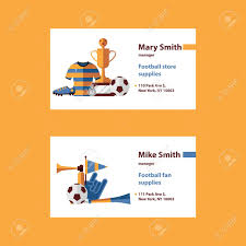 Sports business cards in.doc format. Vector Set With Football Business Cards Template Desorated With Soccer Suplies As Ball Cup Boots Sports Wear And Fan Accessories Like Cheerleader Glove Vuvuzela Flag On White Background Royalty Free Cliparts Vectors