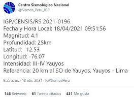 Jun 23, 2021 · el fuerte seísmo de 6.0 grados de magnitud en la escala de richter que sacudió la noche del martes la costa central de perú no dejó de momento víctimas mortales ni heridos, según el primer informe del centro de operaciones de emergencia nacional (coen) del país. Sismo De 4 1 Se Sintio Esta Manana En Lima