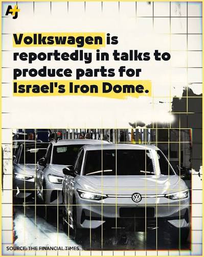 Volkswagen is reportedly in talks with an Israeli weapons company to convert one of its car factories in Germany to building components for Israel's Iron Dome.