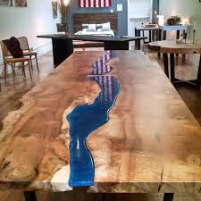Myrtle Live Edge Table With Blue Glass Insert Steel Base Located In Our Healdsburg Showroom Sethissaws Blue Dining Tables Dining Table Wicker Dining Tables