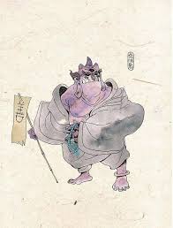 食法鬼又名达摩婆叉 尖发蓬乱 体毛超长 身体赢瘦 皮包骨头 指甲长利 泪流如雨 常被饥渴所困 但吃什么都不管用 只能靠听僧人说法才得以苟活 此鬼生前也说法 但却是为了求财而说法 心不敬重 赚了钱财还不行善 故受此报 chinese mythology ukiyoe