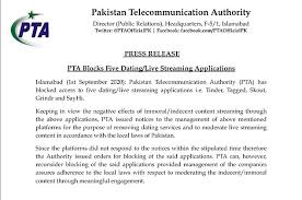 Pakistan telecommunication authority (pta) has banned five online dating applications — tinder, tagged, skout, grindr and sayhi. Tinder Is Blocked In Pakistan In Bid To Purge Immoral And Indecent Content Daily Mail Online