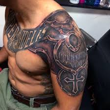 A shoulder plate armor tattoo design with iron plates and chainmail in combination. Top 91 Marines Tattoo Ideas 2021 Inspiration Guide Shoulder Armor Tattoo Marine Tattoo Tattoos For Guys