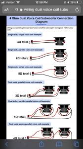 Does any know how to wire two 4 dvc subs in a clamshell isobarik config out of phase ,iv got two duel 4ohm subs that im putting in to a ported clamshell. Can I Wire My One 1250rms 2 Ohm Dvc Sub To A Final Impedance Of 2 Ohms Like Shown In The Pic The Four Ohm To Four Ohm Example I Obviously See It