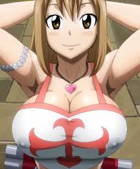 elie, fairy tail, rave (manga), anime screenshot, stitched, third-party  edit, 00s, 1girl, armlet, armpits, arms behind head, blush, breasts, brown  eyes, brown hair, cleavage, covered erect nipples, huge breasts, jewelry,  large breasts,