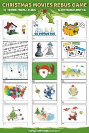 Picture puzzles christmaschristmas try to figure out the christmas riddle by finding words to describe each picture then adding them all together. Printable Christmas Movie Rebus Game Christmas Party Pictures Christmas Trivia Christmas Puzzle