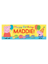 Carnival banner with pink decorations including party hats, streamers, balloons and confetti on white. Personalized Peppa Pig Happy Birthday Banner 72 L X 24 W Walmart Com Walmart Com