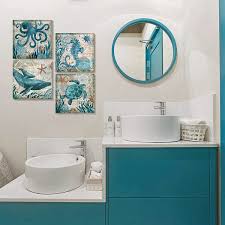 Indeed, your bathroom is an ideal place to transform into a coastal beach theme. Buy Bathroom Decor Wall Art Beach Theme Decor Accessories Teal Nautical Canvas Prints Picture Kitchen Bedroom Living Room Home Decoration 4 Pcs Sets Coastal Sea Turtle Seahorse Octopus Ocean Painting 12x12 Online In