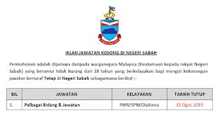 Portal jawatan kosong kerajaan dan swasta di malaysia, jawatan kosong, tip mendapatkan kerja, kerja kerajaan, jawatan kosong spa, kerja kosong terkini permohonan guru ganti sekolah rendah dan sekolah menengah 2019 online. Jawatan Kosong Di Negeri Sabah Kelayakan Pmr Spm Diploma Ejawatankini Com