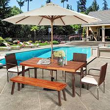 Summit teak outdoor dining table with umbrella hole. Giantex Patio Dining Table With Umbrella Hole Outdoor Picnic Table For Backyard Garden Lawn Farmhouse Acacia Wood Rectangular Table With Metal Legs Rustic Brown Pricepulse