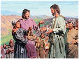 Jesus Saw The People Were Hungry And Needed Food Andrew Brought A Young Boy To Jesus The Boy Is Offering His Lunch To In 2021 Bible Pictures Jesus Parables Of Jesus