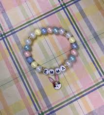 Bead Bracelet Clipart Black And White Personalized Beaded Name Bracelet W White Black Acrylic Letters 8mm Faux Lustre Pearls Rhinestones Bunny Rabbit Charm In 2020 Name Bracelet Rabbit Charm Beaded