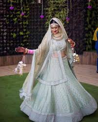 Cold shoulder cream lengha with blush and sage threadwork. White Wedding Bridal Lehenga à¤¦ à¤² à¤¹à¤¨ à¤ à¤² à¤¹ à¤ Netra Fashion Surat Id 22641751297