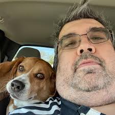My selfie with Rudy. As we were getting in the truck, he tried to get up  front. I decided that I need to write a song called Canine Companion.  #songidea #countrymusic #songwriterlife #