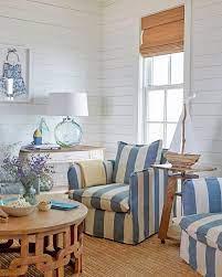 Slipcovered Accent Chairs In Blue Cabana Stripes Coastal Living Rooms Beach House Interior Beach House Decor
