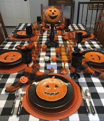A Happy Halloween Tablescape Table Setting Pumpkins Jack O Lanterns Black And White And Orange Halloween Tablescape Halloween Table Fall Halloween Decor