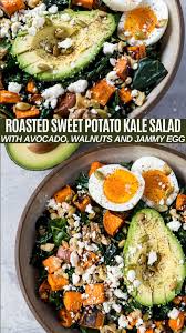 Roasted Sweet Potato Kale Salad With Avocado And Jammy Egg Sweet Potato Kale Kale Salad Roasted Sweet Potatoes