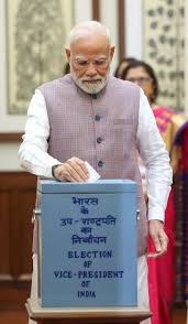 PM Shri Narendra Modi casts his vote in the Vice Presidential election in  Delhi.