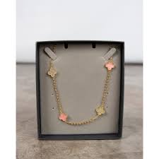 Park Lane Long Clover Pearl/Diamonte Necklace Pink/gold
