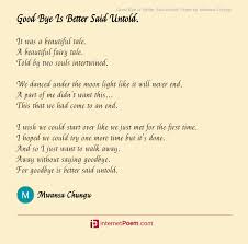 We did not find results for: Good Bye Is Better Said Untold Poem By Mwansa Chungu