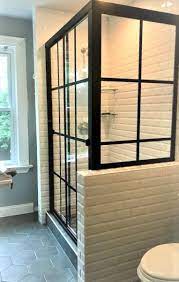 Matte Black Grid Design Gridworks On Sliding Shower Door Sliding Shower Door Bathroom Interior Design Shower Doors