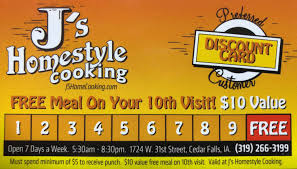 J's homestyle cooking breakfast restaurant cafe, takeout order card, png. Family Restaurant Home Style Cooking Breakfast Lunch Dinner Cedar Falls Ia