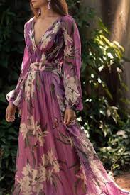 What styles of women's blouses are there? Women S Elegant V Neck Long Sleeve Floral Printed Length Floor Swing Purple Dress Beautifulhalo Com