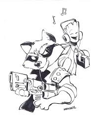 4 page coloring mural featuring rocket raccoon and groot. Folderol Soup Rocket Raccoon Baby Groot By Brian Kesinger