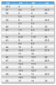 sidi sizing chart