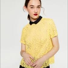 Zara Yellow Lace Top W Peter Pan Collar Xs Yellow Lace Top Yellow Lace Zara Lace Top