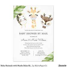 Baby Animals With Masks Baby Shower By Mail Invitation Zazzle Com Baby Shower Invitations Woodland Baby Shower Invitations Baby Shower