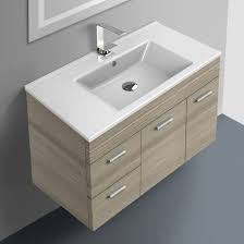 H wall mount bath vanity in walnut with vanity top in walnut with white basin. Acf Lor10 By Nameek S Loren Modern Wall Mounted Bath Vanity 33 Larch Canapa With Counter Space Thebathoutlet